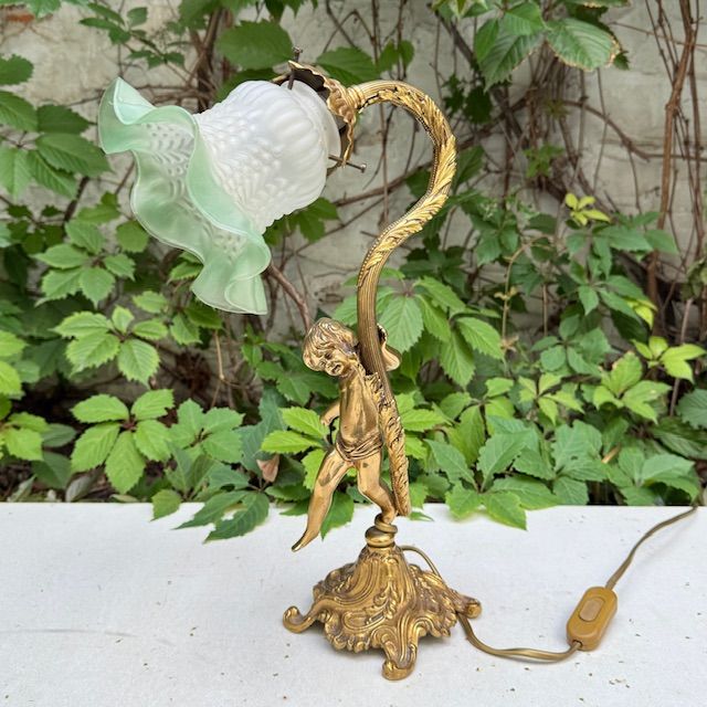 Лампа настольная Путти 38 см латунь стекло Франция   