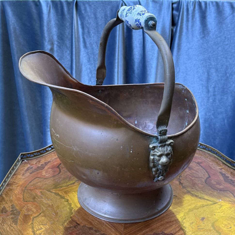 Зольник со львами и керамической ручкой 36 см медь латунь