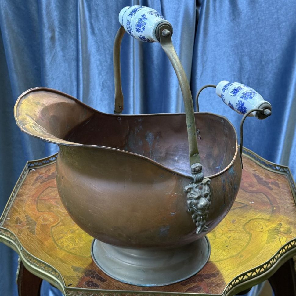 Зольник со львами и керамической ручкой 36 см медь латунь