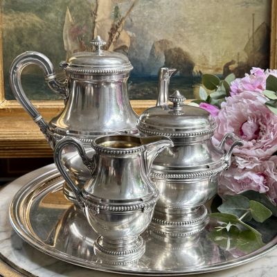 Чайник сахарница молочник на подносе Christofle Gallia Perles набор 4 предмета серебрение Франция начало XX века