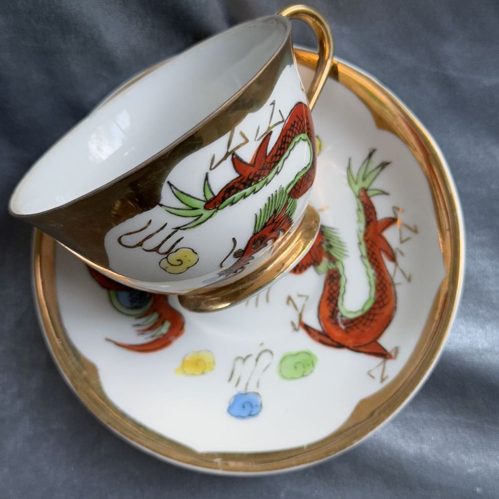 Чайная пара Дракон и феникс 200 мл фарфор Япония литофания 
