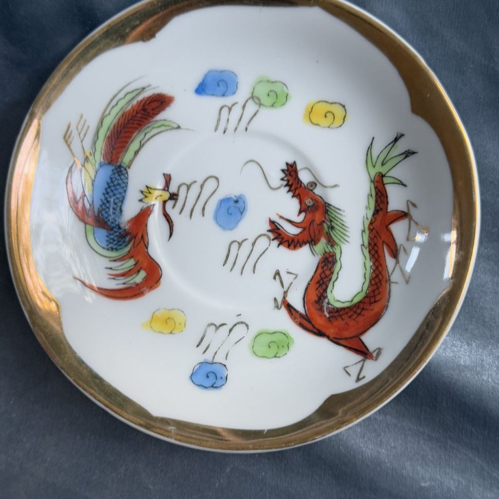 Чайная пара Дракон и феникс 200 мл фарфор Япония литофания 