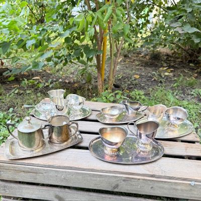 Сахарница молочник блюдо набор 3 шт. мельхиор серебрение патина