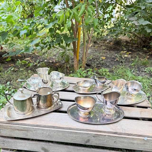 Сахарница молочник блюдо набор 3 шт. мельхиор серебрение патина