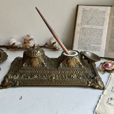 Чернильница старинная Франция Ампир бронза с двумя чашами 27 см 