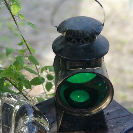 Подсвечник фонарь с зеленым стеклом