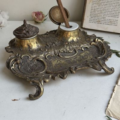 Чернильница старинная Франция бронза Луи 15 с двумя чашами 25 см 