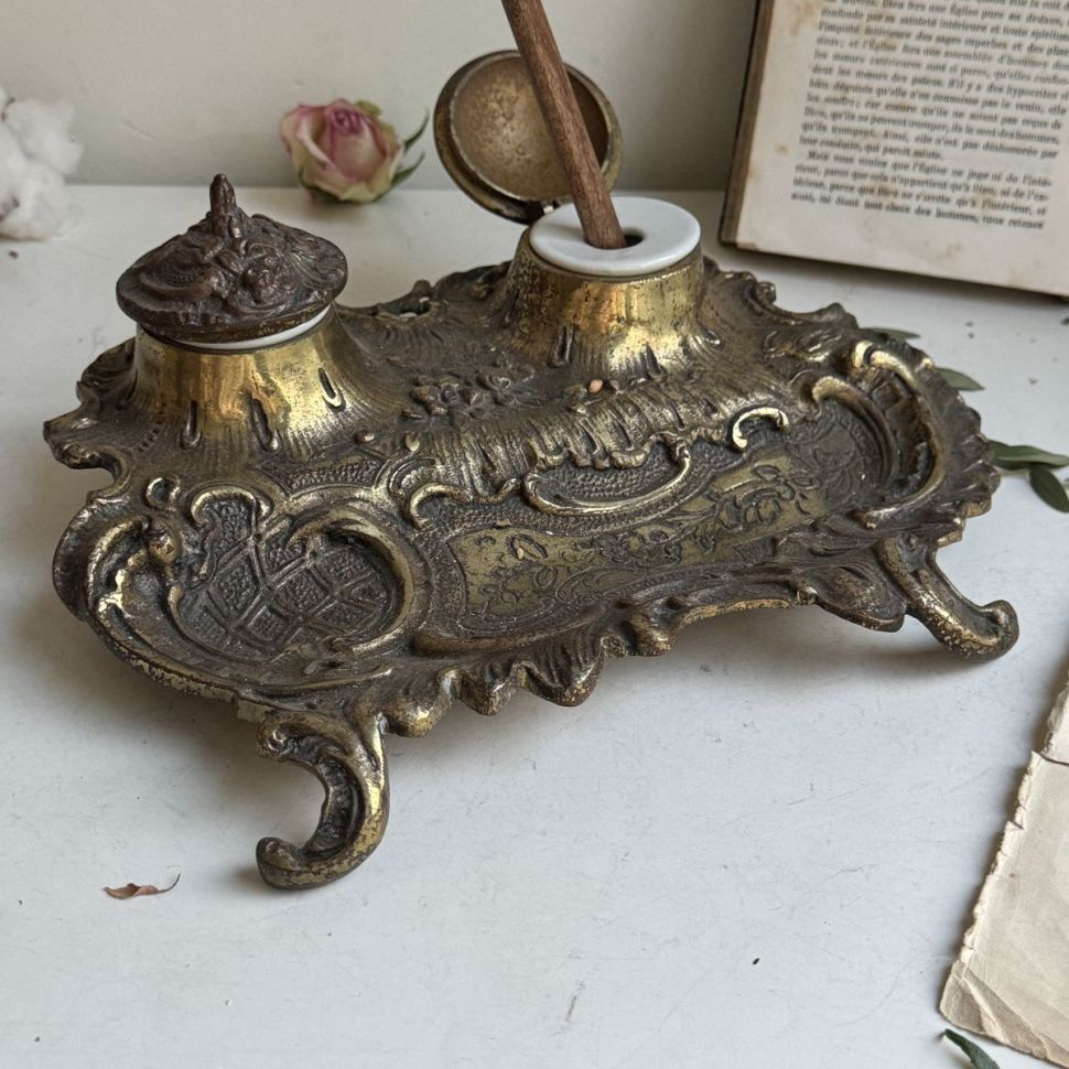 Чернильница старинная Франция бронза Луи 15 с двумя чашами 25 см 