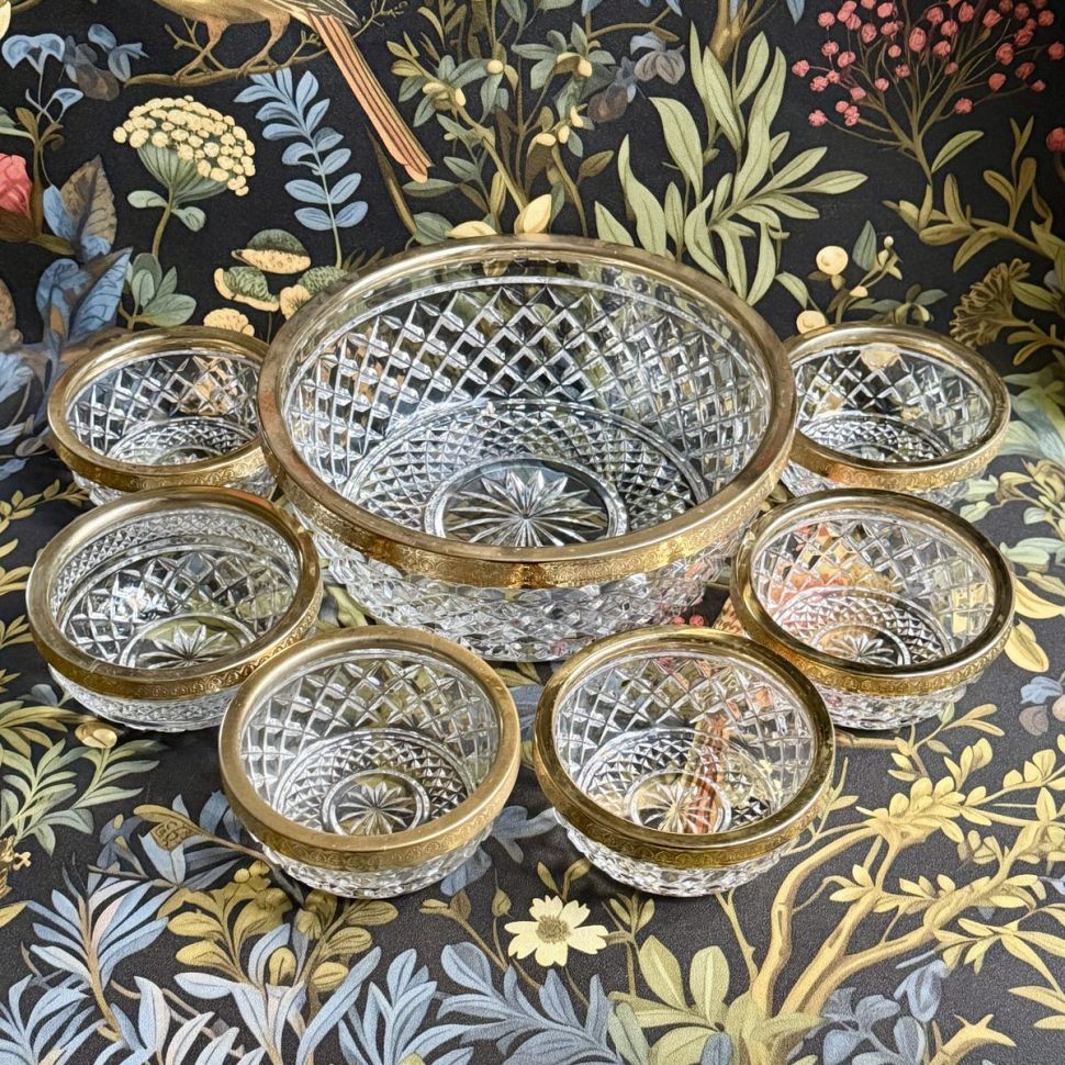 Салатник с металлическим кантом набор 7 предметов хрусталь позолота Франция