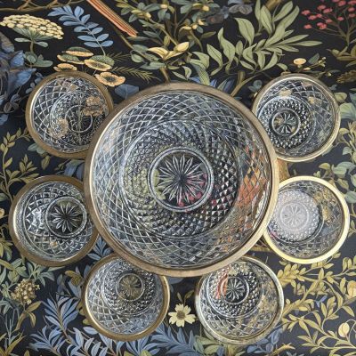 Салатник с металлическим кантом набор 7 предметов хрусталь позолота Франция