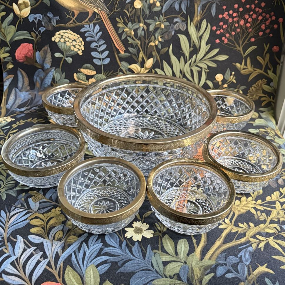 Салатник с металлическим кантом набор 7 предметов хрусталь позолота Франция