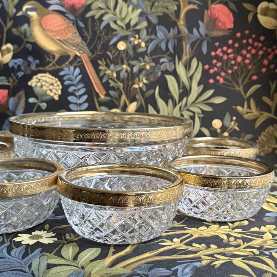 Салатник с металлическим кантом набор 7 предметов хрусталь позолота Франция