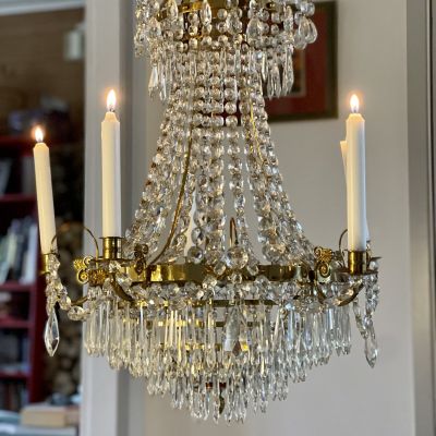 Люстра подсвечник на 6 ламп и 5 свечей с хрустальными подвесками