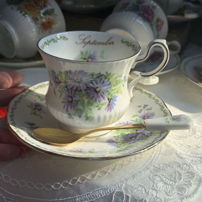 Чайная пара Queens Цветы месяца September Aster 250 мл с ложечкой фарфор Англия