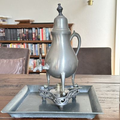 Кофейник самовар на подставке и подносе с горелкой олово