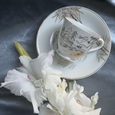 Кофейная пара Золотой бамбук 100 мл фарфор литофания Япония