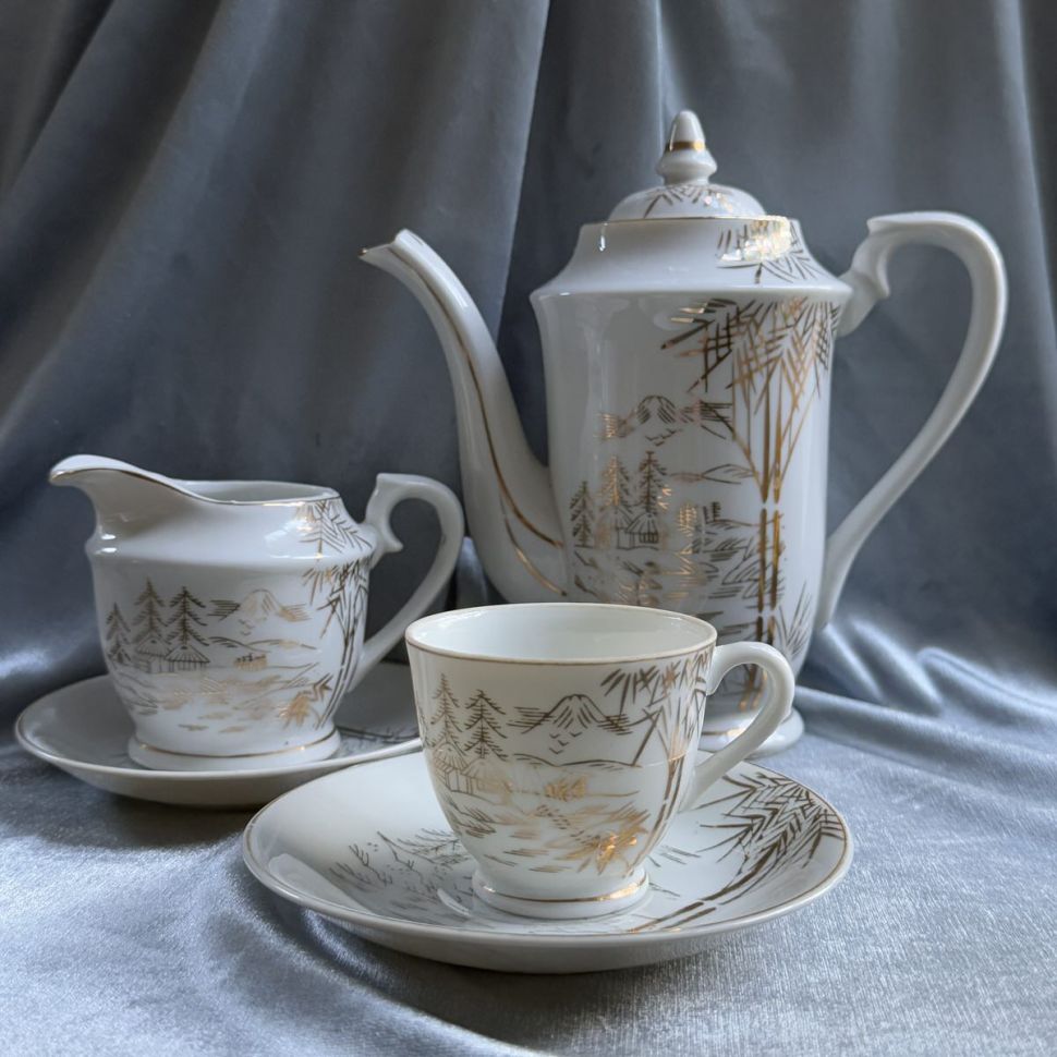 Кофейная пара Золотой бамбук 100 мл фарфор литофания Япония