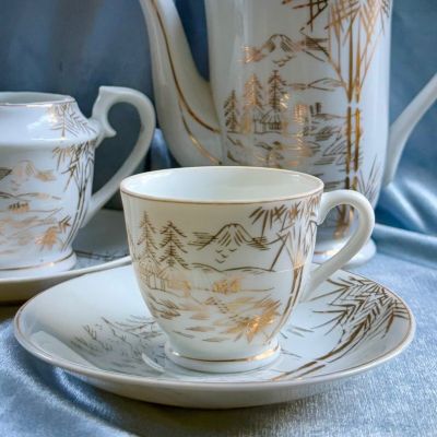 Кофейная пара Золотой бамбук 100 мл фарфор литофания Япония