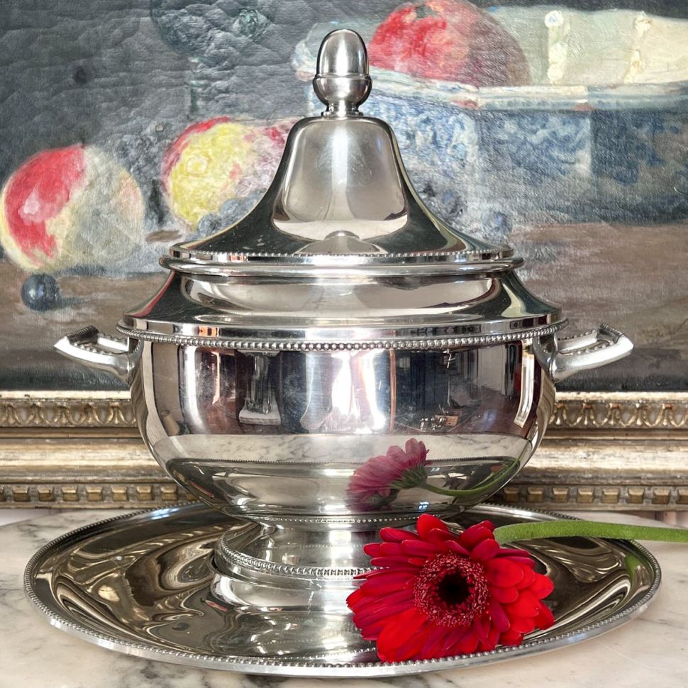 Террин на блюде Les Etains du Manoir 2 л серебрение по олову Франция