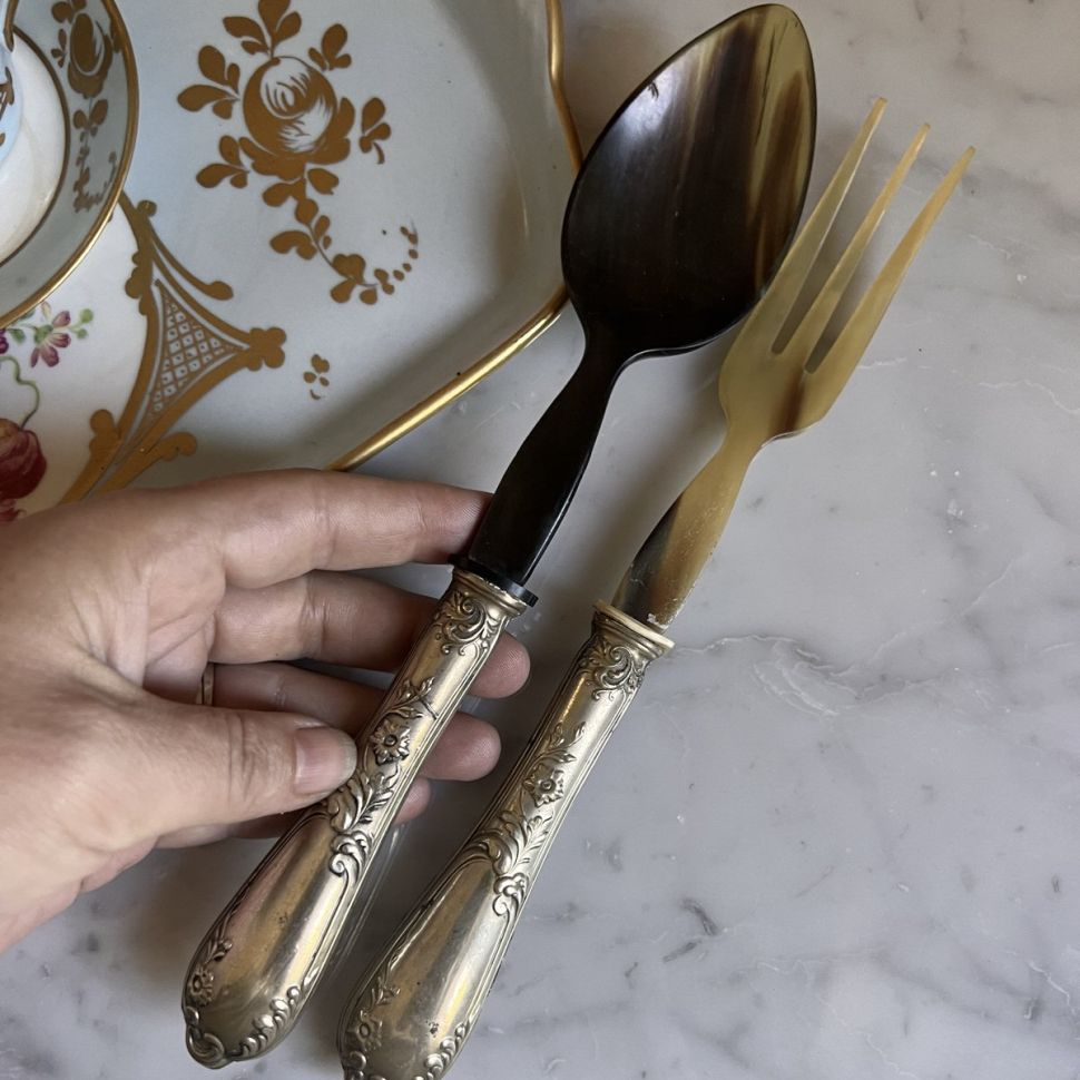 Ложка и вилка набор сервировочный 25 см Италия мельхиор черепаха