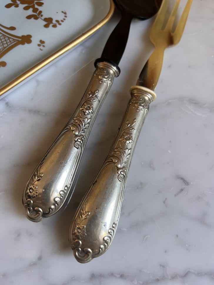 Ложка и вилка набор сервировочный 25 см Италия мельхиор черепаха