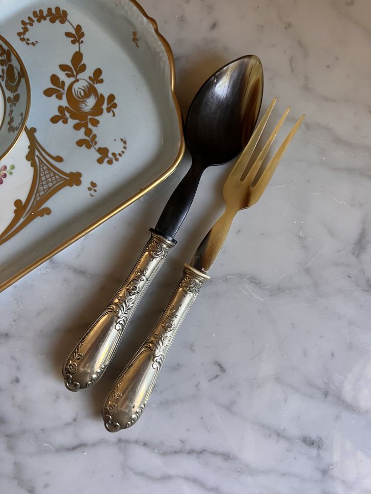 Ложка и вилка набор сервировочный 25 см Италия мельхиор черепаха