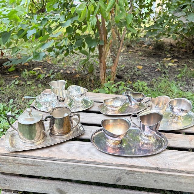 Сервировочный чайный набор на блюде мельхиор серебрение 6 предметов