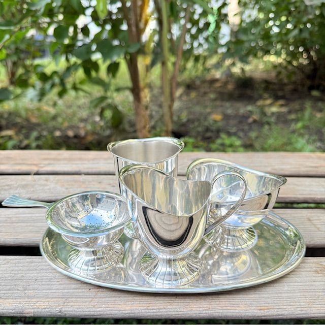 Сервировочный чайный набор на блюде мельхиор серебрение 6 предметов