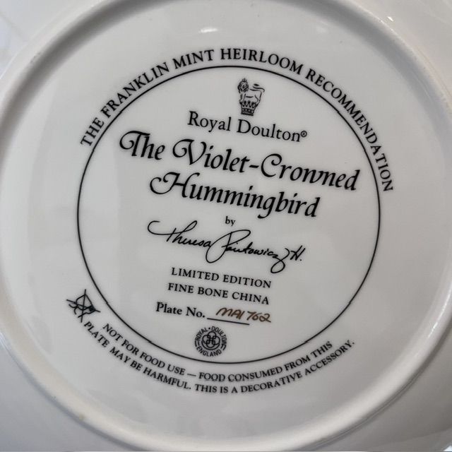 Тарелка Franklin Mint Royal Doulton Фиолетовокоронный колибри 21 см фарфор Англия