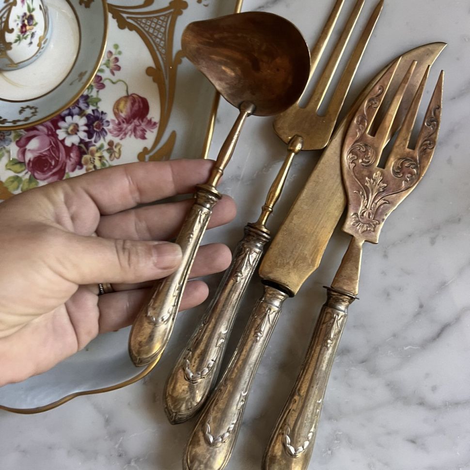 Набор сервировочный для мяса 4 предмета серебро Италия