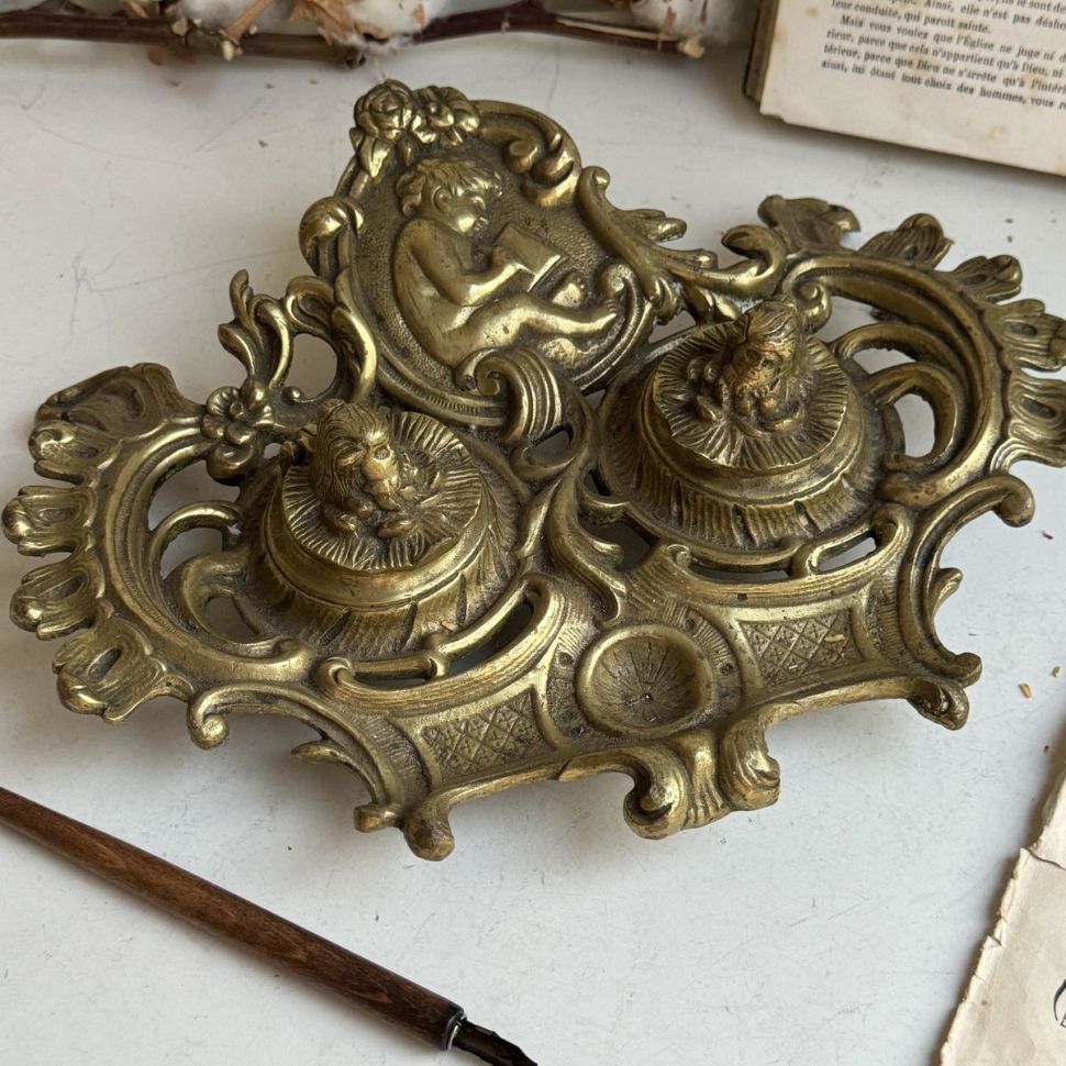 Чернильница старинная Ренессанс бронза Франция без чашечек 27 см