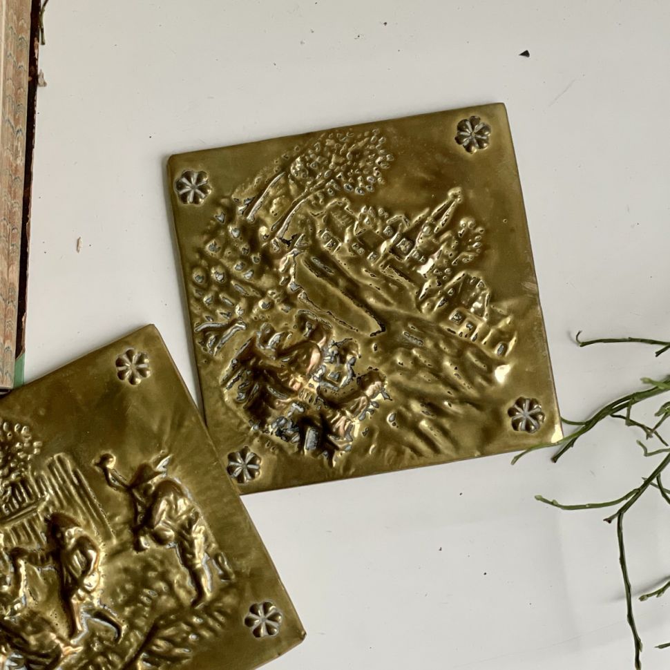 Картина 12х12 чеканка Рыбаки латунь 