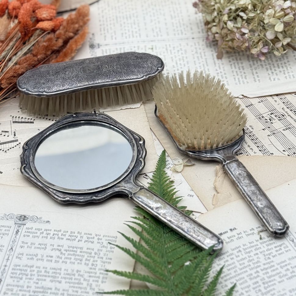 Зеркало щетка расческа набор 3 шт серебрение 