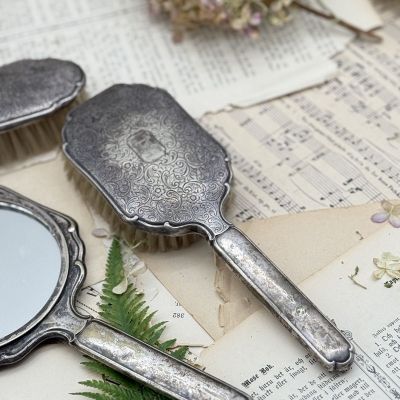 Зеркало щетка расческа набор 3 шт серебрение 