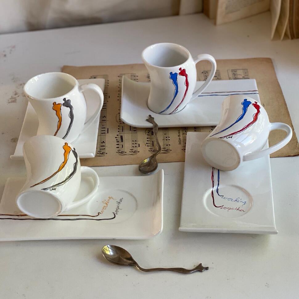 Чайная пара 200 мл серый-оранжевый костяной фарфор