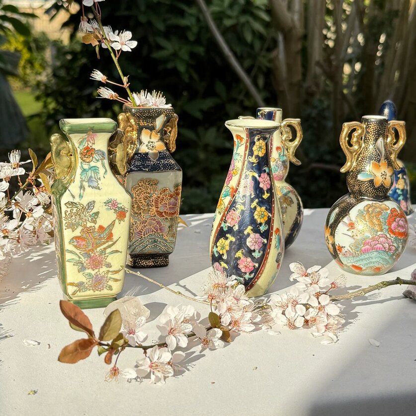 Ваза Satsuma фарфор роспись 50-е гг Шинуазри черная 13 см