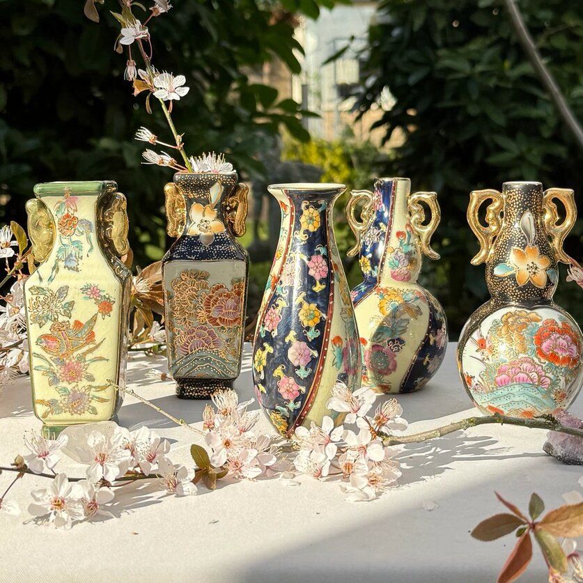 Ваза Satsuma фарфор роспись 50-е гг Шинуазри черная 13 см