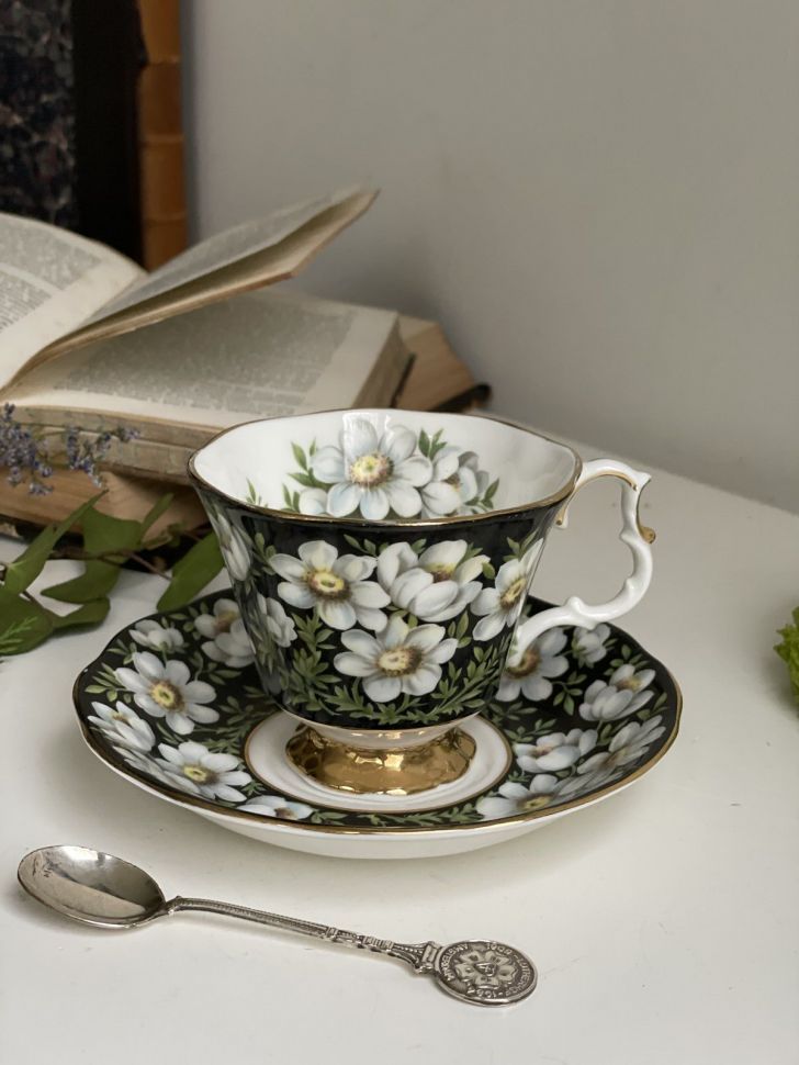 Чайная пара черный Royal Albert Provincial Flowers Mountain Avens 200 мл Англия