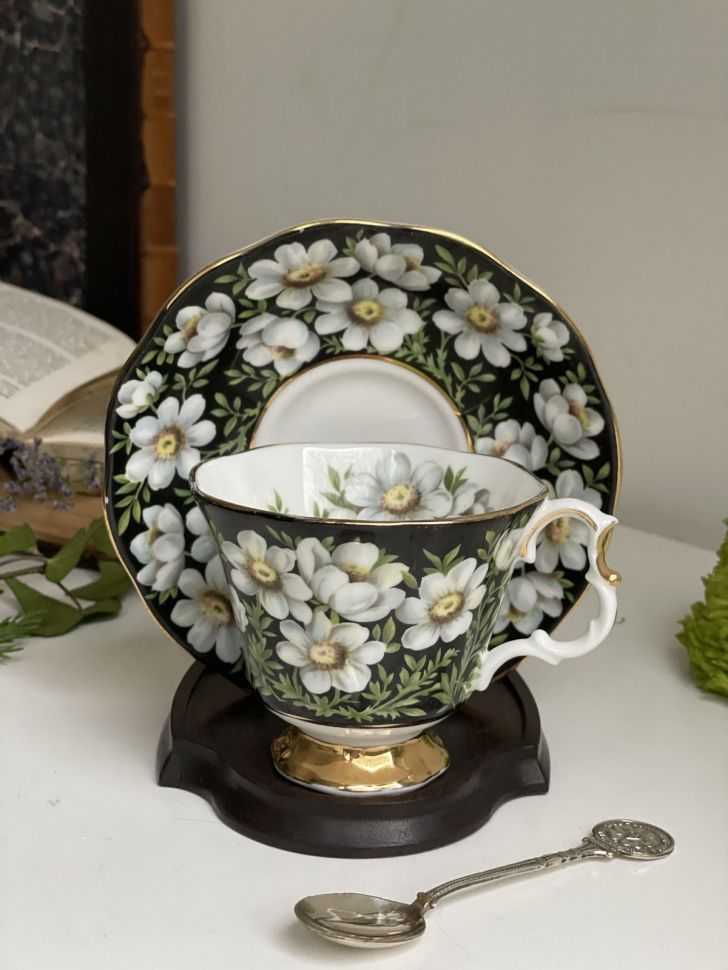 Чайная пара черный Royal Albert Provincial Flowers Mountain Avens 200 мл Англия