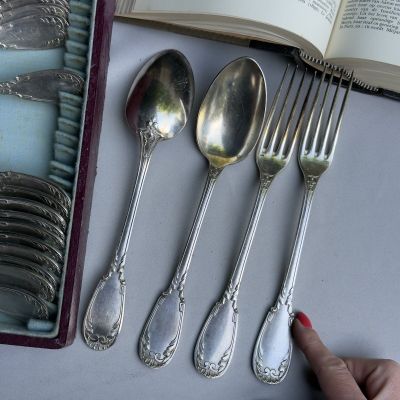 Ложка и вилка 22 см набор 2 предмета серебрение Франция 100 лет