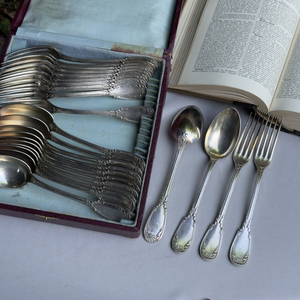 Ложка и вилка 22 см набор 2 предмета серебрение Франция 100 лет