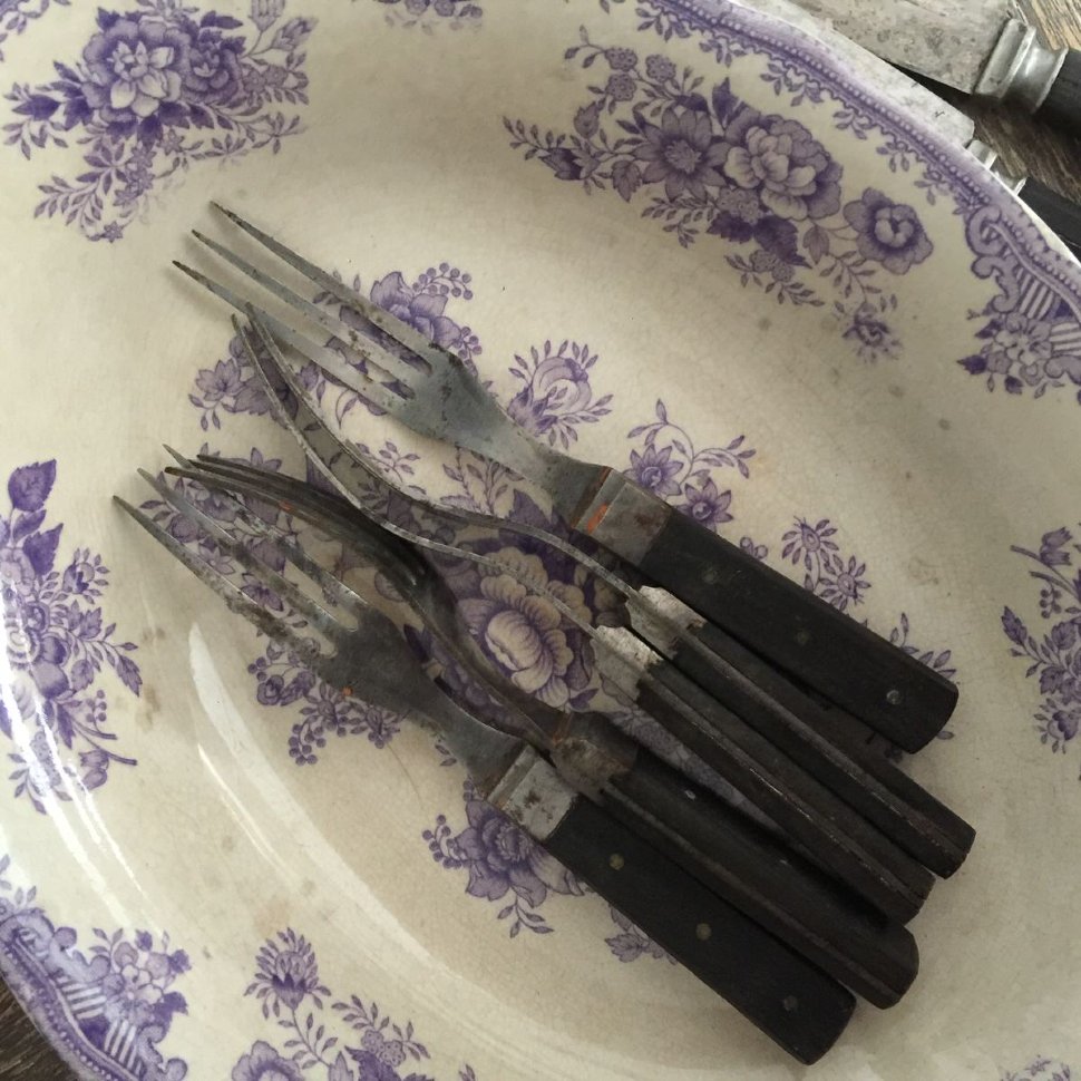 Вилка малая с деревянной ручкой и клепками, коррозия