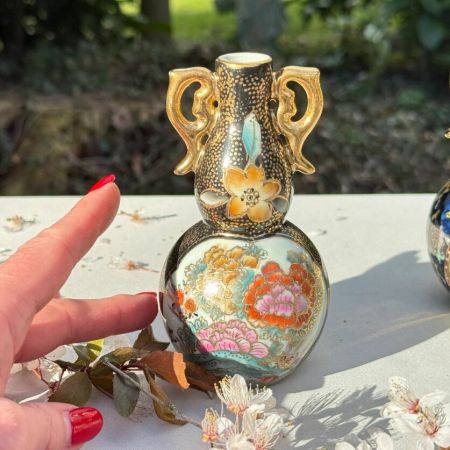Ваза Satsuma фарфор роспись 50-е гг Шинуазри черная 13 см амфора