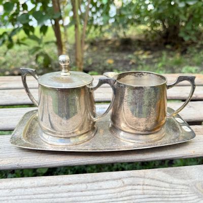 Сахарница молочник блюдо набор 3 шт. серебрение по латуни патина