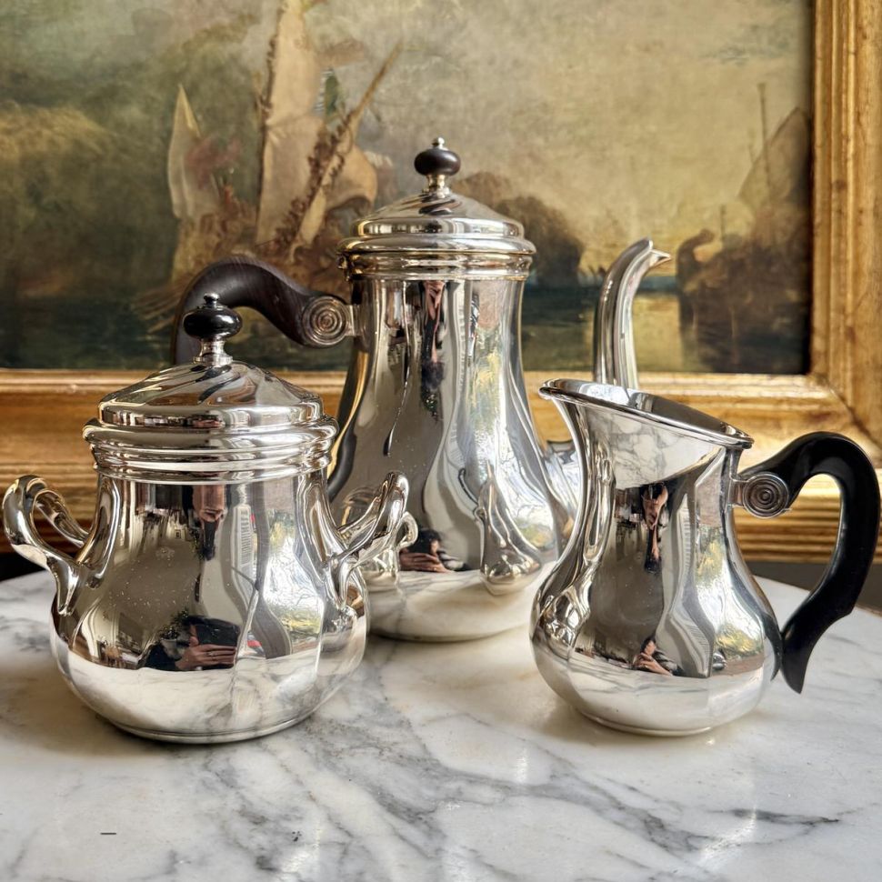 Кофейник молочник сахарница Christofle набор 3 предмета серебрение Франция 