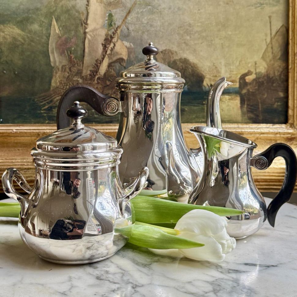 Кофейник молочник сахарница Christofle набор 3 предмета серебрение Франция 