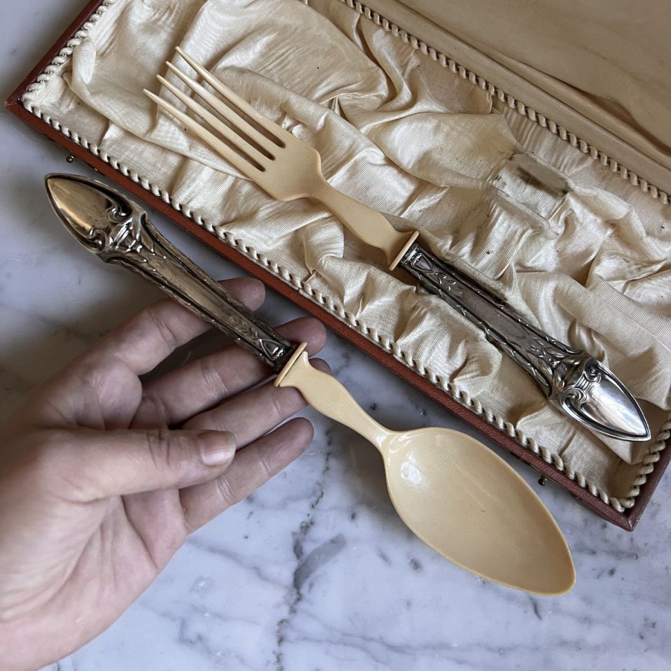 Ложка и вилка набор сервировочный 32 см серебро Италия