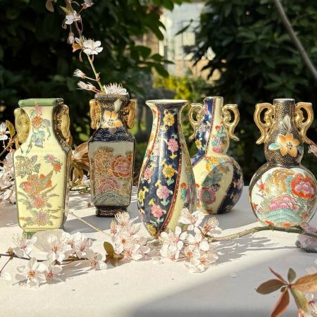 Ваза Satsuma фарфор роспись 50-е гг Шинуазри синяя 13 см тонкая