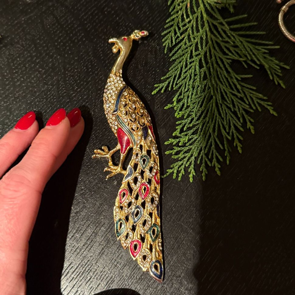 Брошь Павлин 15 см бижутерия эмаль стразы