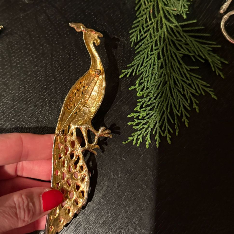 Брошь Павлин 15 см бижутерия эмаль стразы